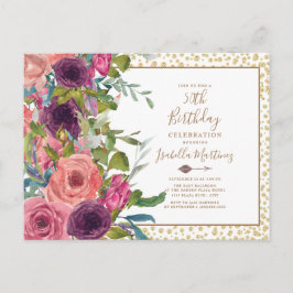 Burgundy Pink Floral Gold Glitter 50e verjaardag Uitnodiging Briefkaart