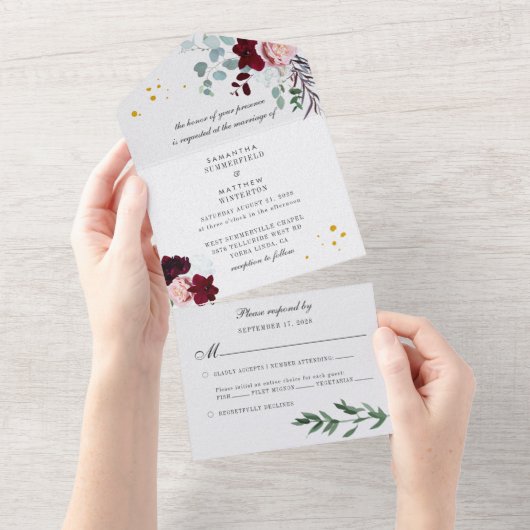 Burgundy Pink Floral Script Greenery Wedding All In One Uitnodiging (Afscheurbaar)