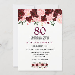 Burgundy & Pink Flowers 80th Birthday Invite Kaart