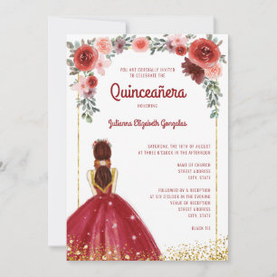 Burgundy Pink Gold Floral Princess Quinceanera Kaart
