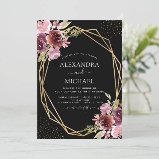 Burgundy Pink Modern Geometric Floral Wedding Kaart (Staand voorkant)