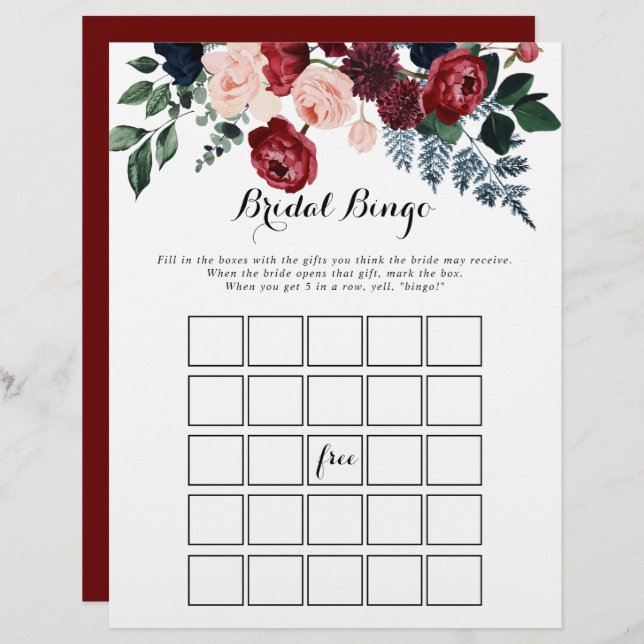 Burgundy Pink Navy Floral Bingo Game (Voorkant / Achterkant)