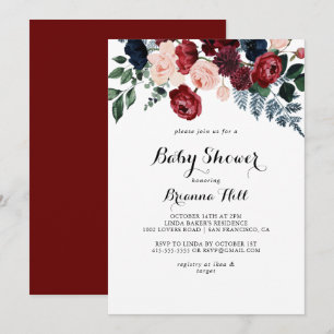 Burgundy Pink Navy Floral Calligraphy Baby shower Kaart