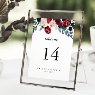 Burgundy Pink Navy Floral Calligraphy Wedding Kaart