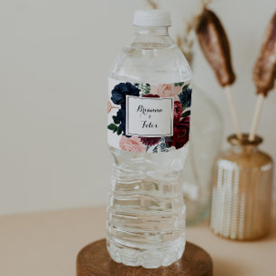 Burgundy Pink Navy Floral Calligraphy Wedding Waterfles Etiket