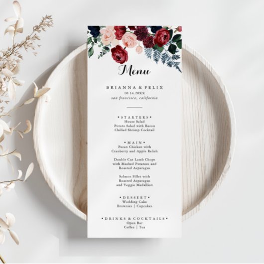 Burgundy Pink Navy Floral Diner Menu