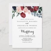 Burgundy Pink Navy Floral Front & Back Wedding Kaart (Voorkant)