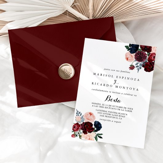 Burgundy Pink Navy Floral Spain Wedding Kaart
