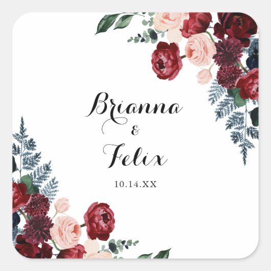 Burgundy Pink Navy Floral Wedding Envelope Seals Vierkante Sticker (Voorkant)
