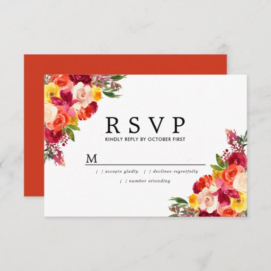 Burgundy Pink Oranje Yellow Floral Wedding RSVP Kaartje (Voorkant / Achterkant)