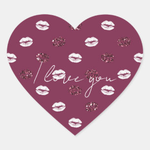 Burgundy Pink Red Glitter White Kisses Lips Hart Sticker