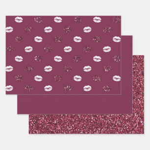 Burgundy Pink Red Glitter White Kisses Lips Inpakpapier Vel