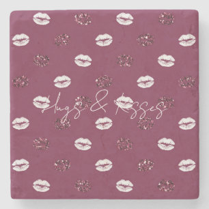 Burgundy Pink Red Glitter White Kisses Lips Stenen Onderzetter