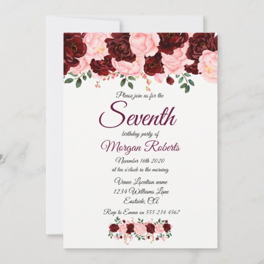 Burgundy Pink Rose Girls 7th Birthday Party Invite Kaart (Voorkant)