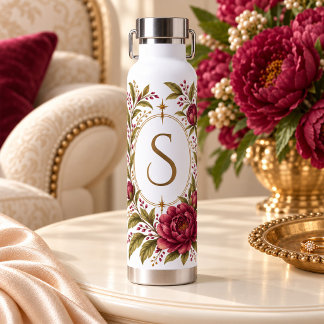 Burgundy Pioen Gouden Monogram Waterfles