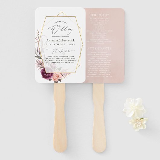 Burgundy Plum en Blush Floral Geometric Wedding Handwaaier (Voorkant en achterkant)