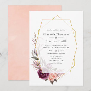 Burgundy Plum en Blush Floral Geometric Wedding Kaart