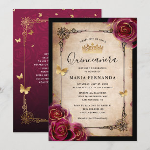 Burgundy Plum Gold Elegant Roos Quinceanera Kaart