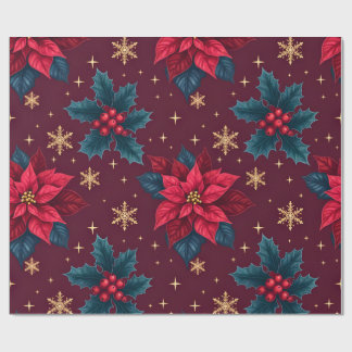 Burgundy Poinsettia & Gold Snowflake Dark Feminine Cadeaupapier