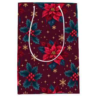 Burgundy Poinsettia & Gold Snowflake Dark Feminine Medium Cadeauzakje