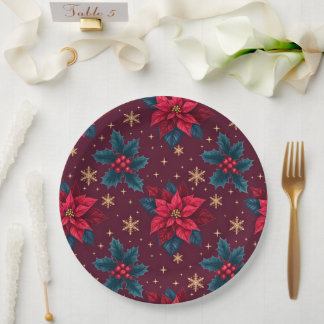 Burgundy Poinsettia & Gold Snowflake  Papieren Bordje