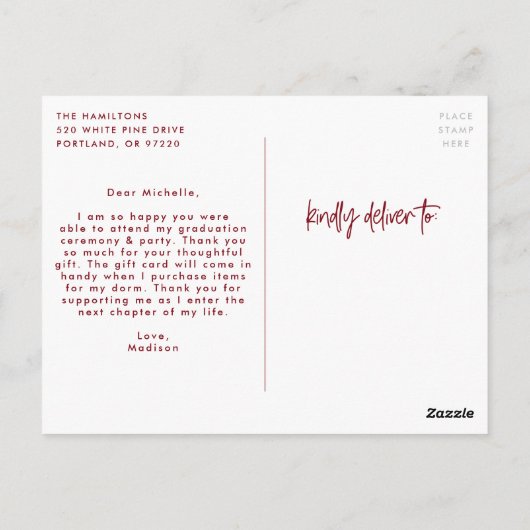 Burgundy Preppy Script Photo Afstuderen Hartelijk  Briefkaart (Achterkant)