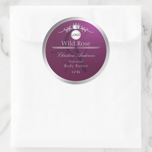 Burgundy Product Label Silver Frame Logo Monogram (Tas)