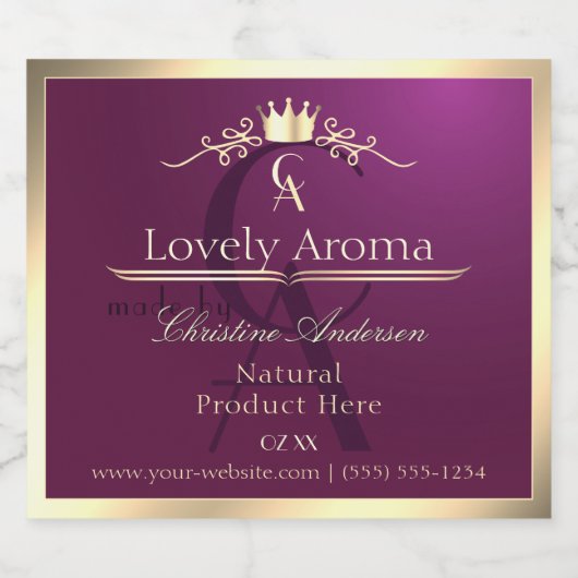 Burgundy Product Label with Gold Border Monogram Likeurfles Etiket (Enkel label)