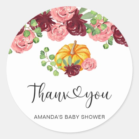 Burgundy pumpkin-baby shower, bedankt ronde sticker (Voorkant)