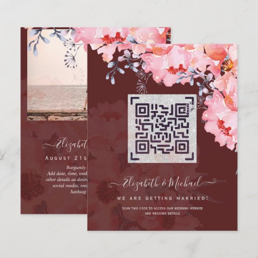 Burgundy QR SCANNING CODE Wedding Website nodigt u (Voorkant / Achterkant)