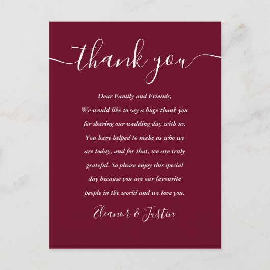 Burgundy Reception Script Hartelijk dank Briefkaart (Voorkant)