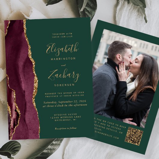 Burgundy Red Agate Green Photo QR Code Wedding Kaart