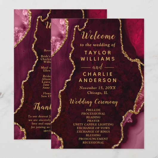 Burgundy Red and Gold Agate Wedding Program Programma (Voorkant / Achterkant)