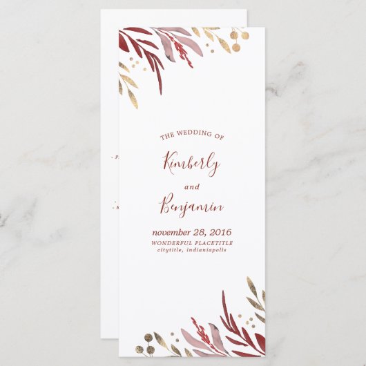 Burgundy Red and Gold Elegant Wedding Programmes (Devant / Derrière)