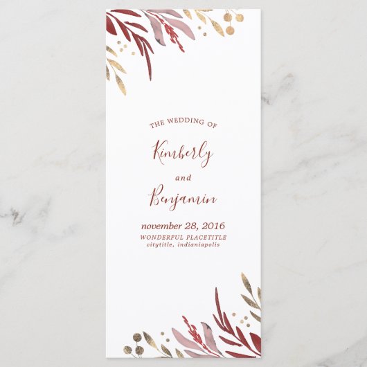 Burgundy Red and Gold Elegant Wedding Programmes (Devant)