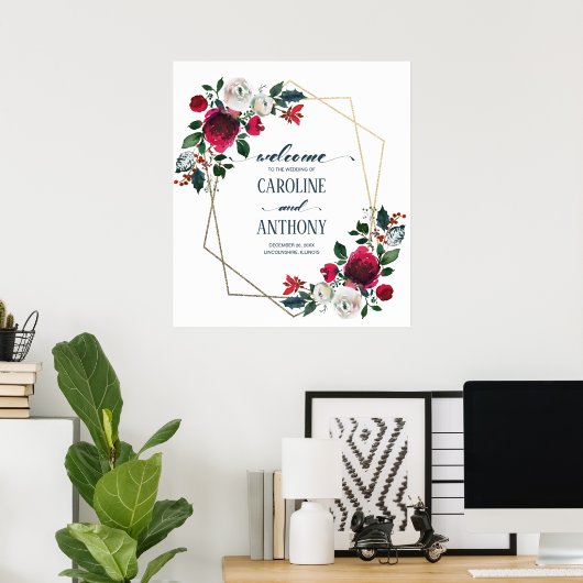 Burgundy Red Bloom Gold Lijst Weddenschap Welkomst Poster (Thuiskantoor)