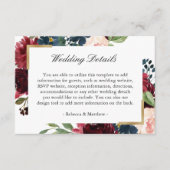 Burgundy Red Blue Floral Weddenschap Details Informatiekaartje (Voorkant)