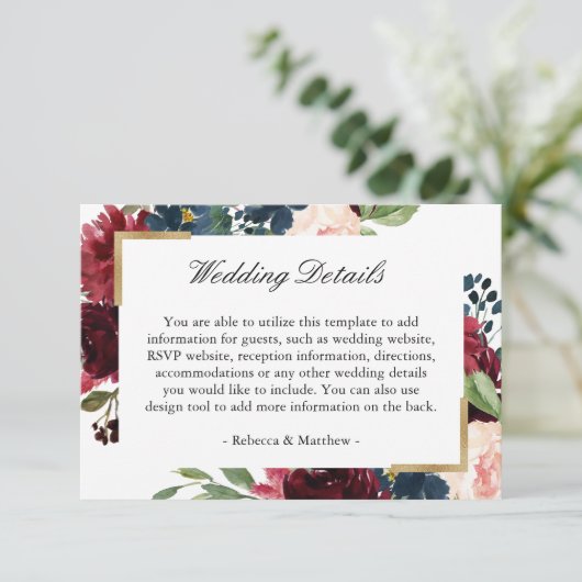 Burgundy Red Blue Floral Weddenschap Details Informatiekaartje (Staand voorkant)
