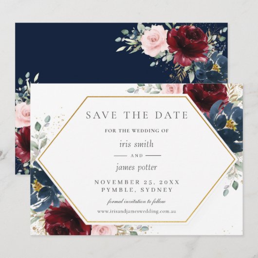 Burgundy Red Blush Blue Floral Wedding Save The Date (Voorkant / Achterkant)