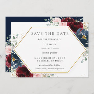 Burgundy Red Blush Blue Floral Wedding Save The Date