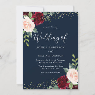 Burgundy Red & Blush Flowers Glitter Navy Weddensc Kaart