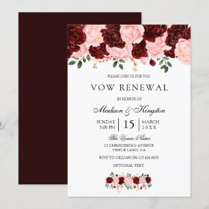 Burgundy Red Blush Flowers Vow Renewal Invite Kaart