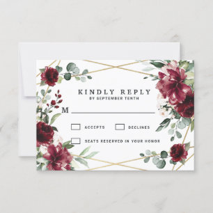 Burgundy Red Blush Gold Geometric Greenery Wedding RSVP Kaartje