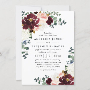 Burgundy Red Blush Pink and Gold Floral Wedding Kaart