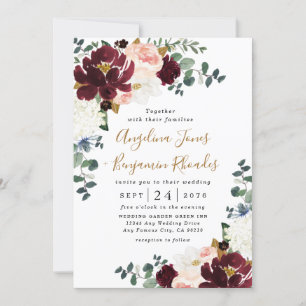Burgundy Red Blush Pink and Gold Floral Wedding Kaart