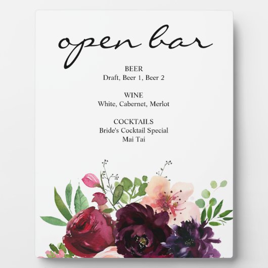 Burgundy Red & Blush Pink Floral Bar Sign Easel Fotoplaat (Voorkant)