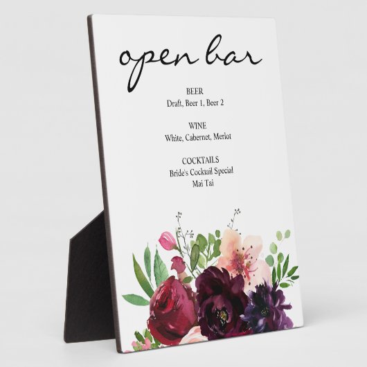 Burgundy Red & Blush Pink Floral Bar Sign Easel Fotoplaat (Zijkant)