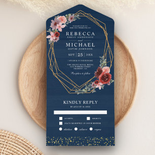 Burgundy Red Blush Pink Floral Navy Blue Wedding All In One Uitnodiging