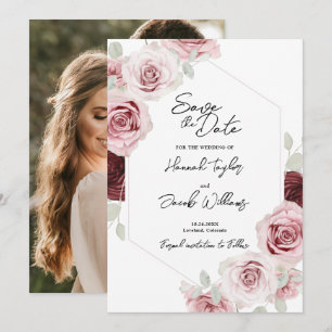 Burgundy Red Blush Pink Floral Photo Weddenschap Save The Date
