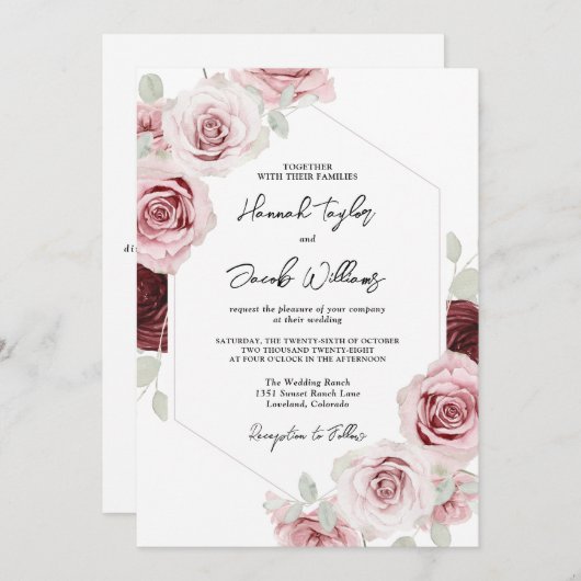 Burgundy Red Blush Pink Floral QR Code Weddenschap Kaart (Voorkant / Achterkant)